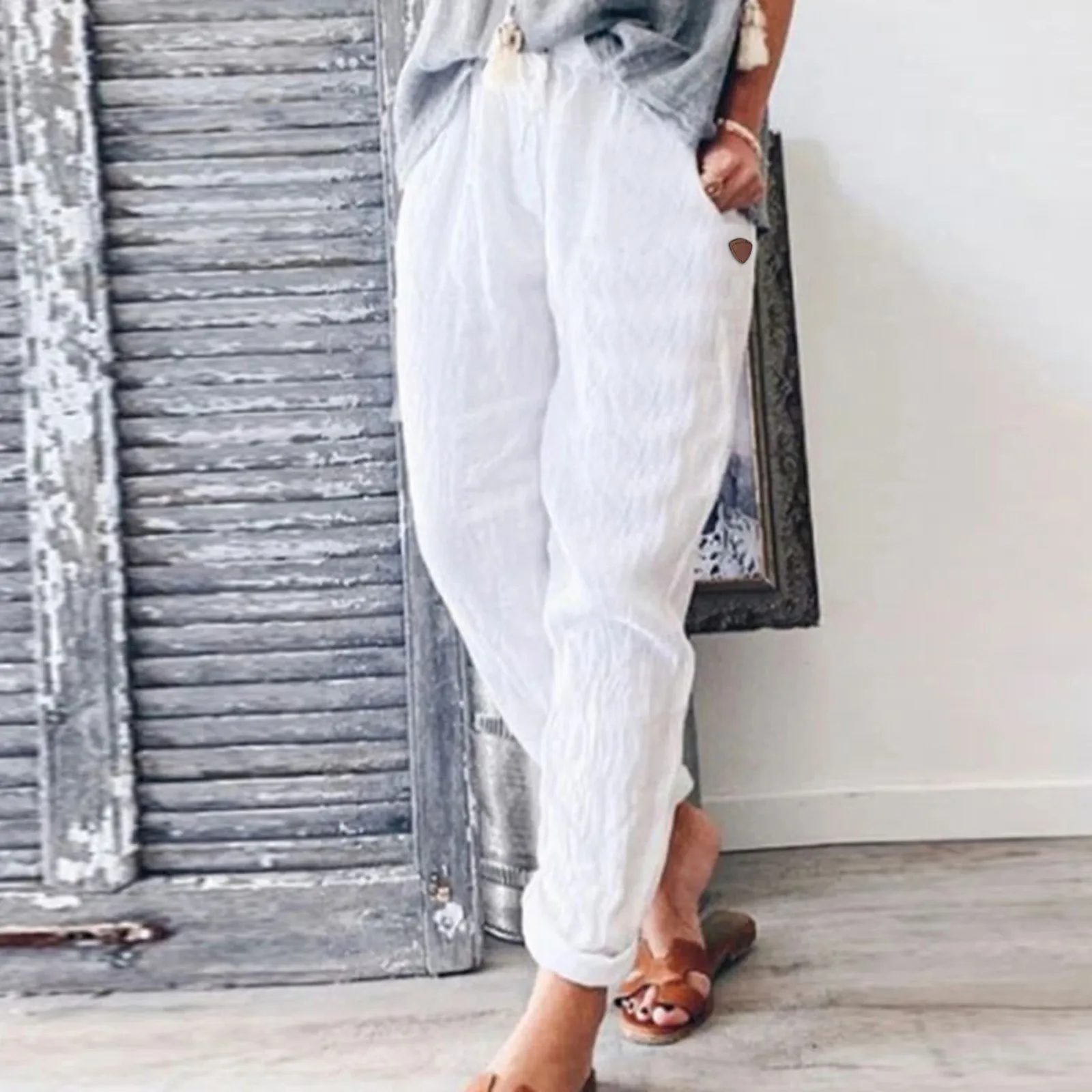 Top Trends: Women Solid Linen Trouser Casual Baggy Elastic Mid Waist Wide Leg Plus Size Loose Sweat Pants For Women Outfits Shoppable Styles