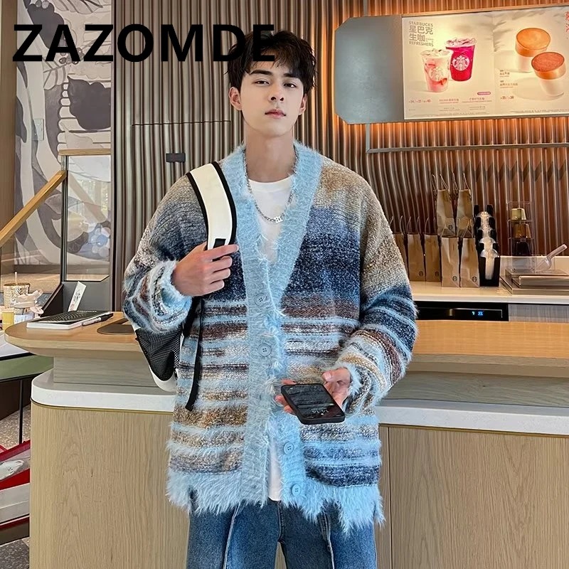 Top Trends: ZAZOMDE Fashion Y2K Cardigan Sweater Contrast Color Striped Sweater V-neck Single Breasted Knitwear Coat High Street Tops Winter Shoppable Styles