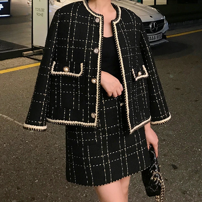 Top Trends: New Autumn Elegant Black Plaid Woolen Tweed Jacket Coat + Mini Skirt Set Office Elegant Women Two Piece Set Outfits Tracksuit Shoppable Styles