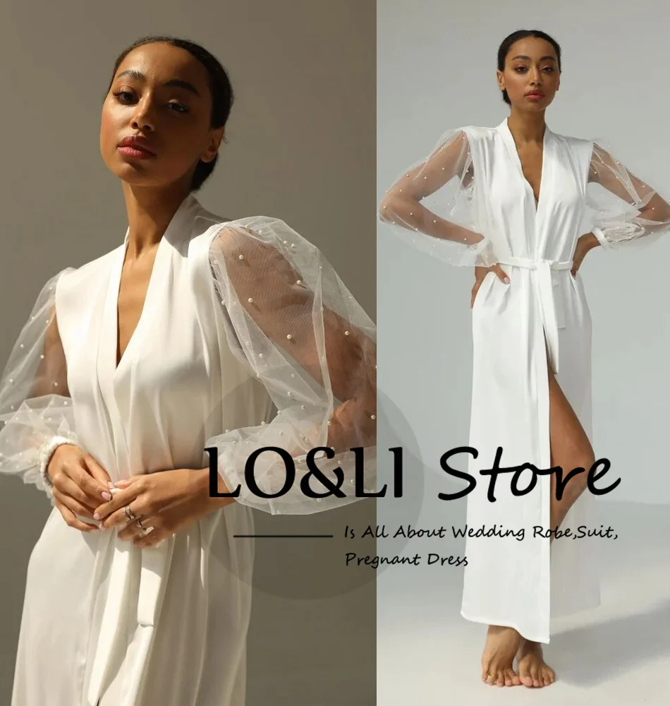 Top Trends: LO&LI White Custom Wedding Bathrobe Dress Bride Robe 2023 Satin Boudoir Bridesmaid Team Long Dress Pearl Lantern Sleeve Vestido Shoppable Styles