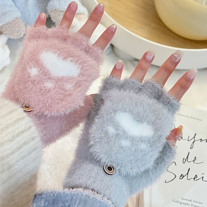 Top Trends: Women Girls Lovely Winter Warm Fingerless Gloves Girls Fluffy Bear Cat Plush Paw Claw Half Finger Gloves Mittens Gifts New 2023 Shoppable Styles