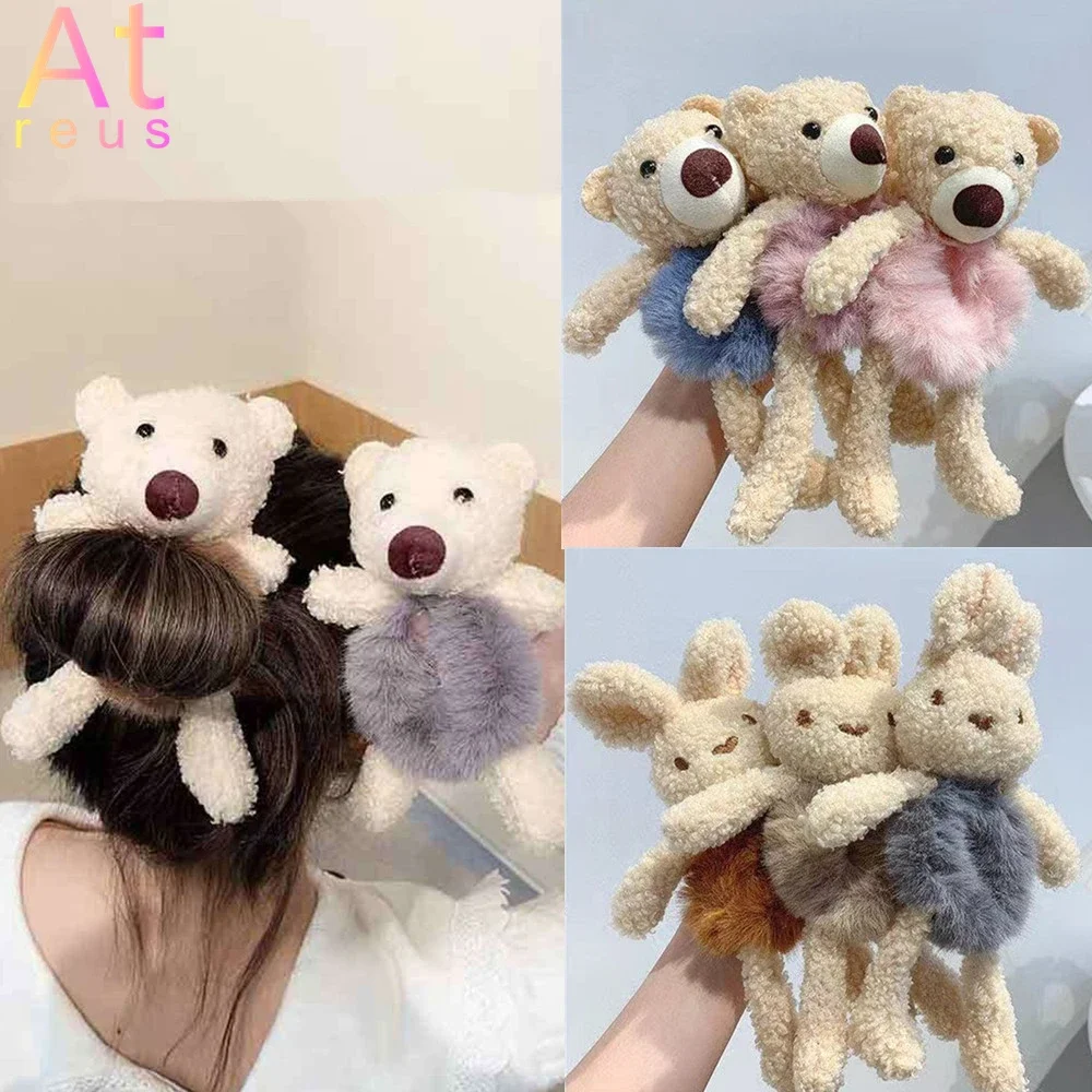 Top Trends: Winter Warm Fashion Cartoon Bear Hair Band Women Girls Lovely Scrunchies Cute Imitation Rabbit Fur Rubber Band Hair Accessories Shoppable Styles