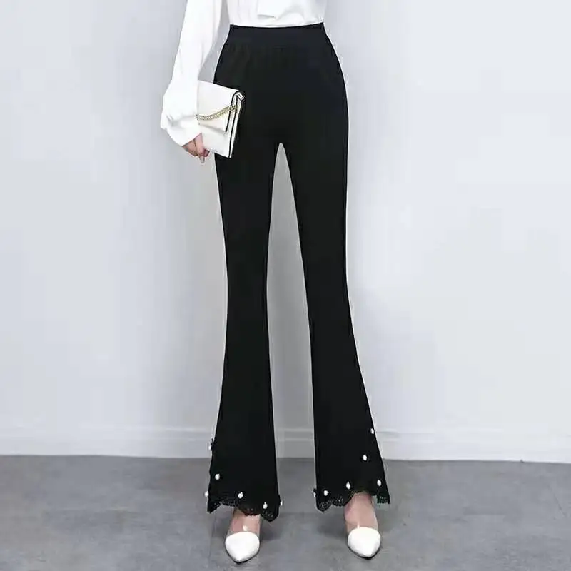 Top Trends: Office Lady Fashion Versatile Black Slim Flare Pants Korean Spring Autumn New Women High Waist Nail Bead Casual Elegant Trousers Shoppable Styles