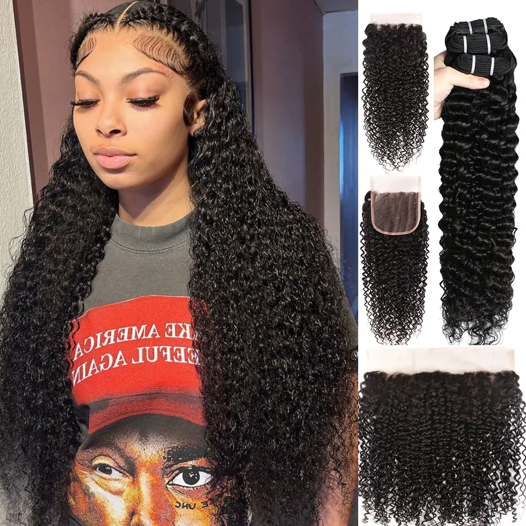 Top Trends: Peruvian Kinky Curly Bundles With Frontal 100% Curly Human Hair Bundles With Closure 13x4 HD Transparent Lace Front With Bundles Shoppable Styles