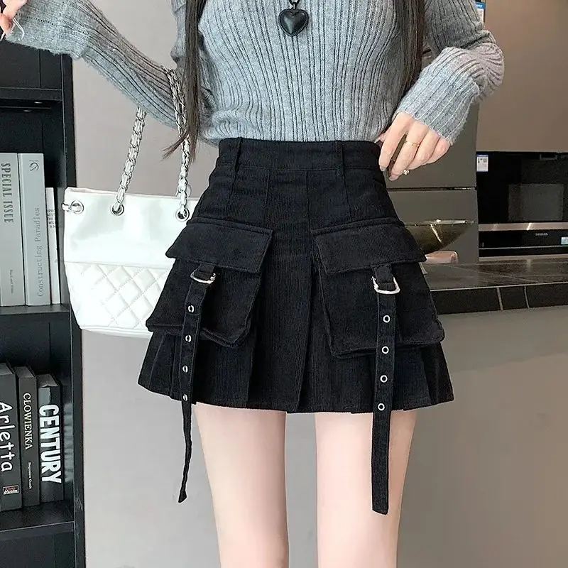 Top Trends: Vintage Corduroy Pleated Skirt Spring Autumn New High Waist Pockets Patchwork A-line Short Skirt Sweet Fashion Women Clothing Shoppable Styles - Image 2