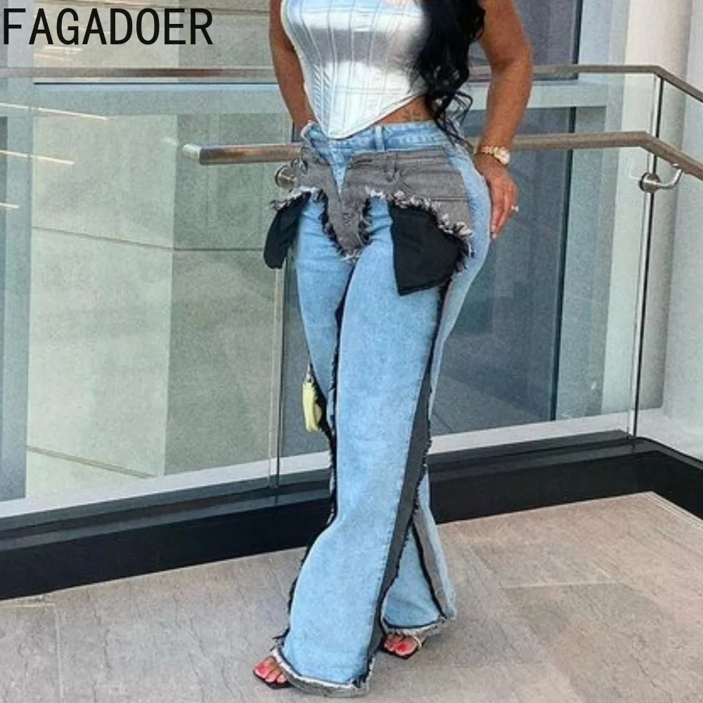 Top Trends: FAGADOER Fashion Patchwork Color Streetwear Women High Waisted Button Elastic Denim Pants Casual Female Straight Jean Trousers Shoppable Styles