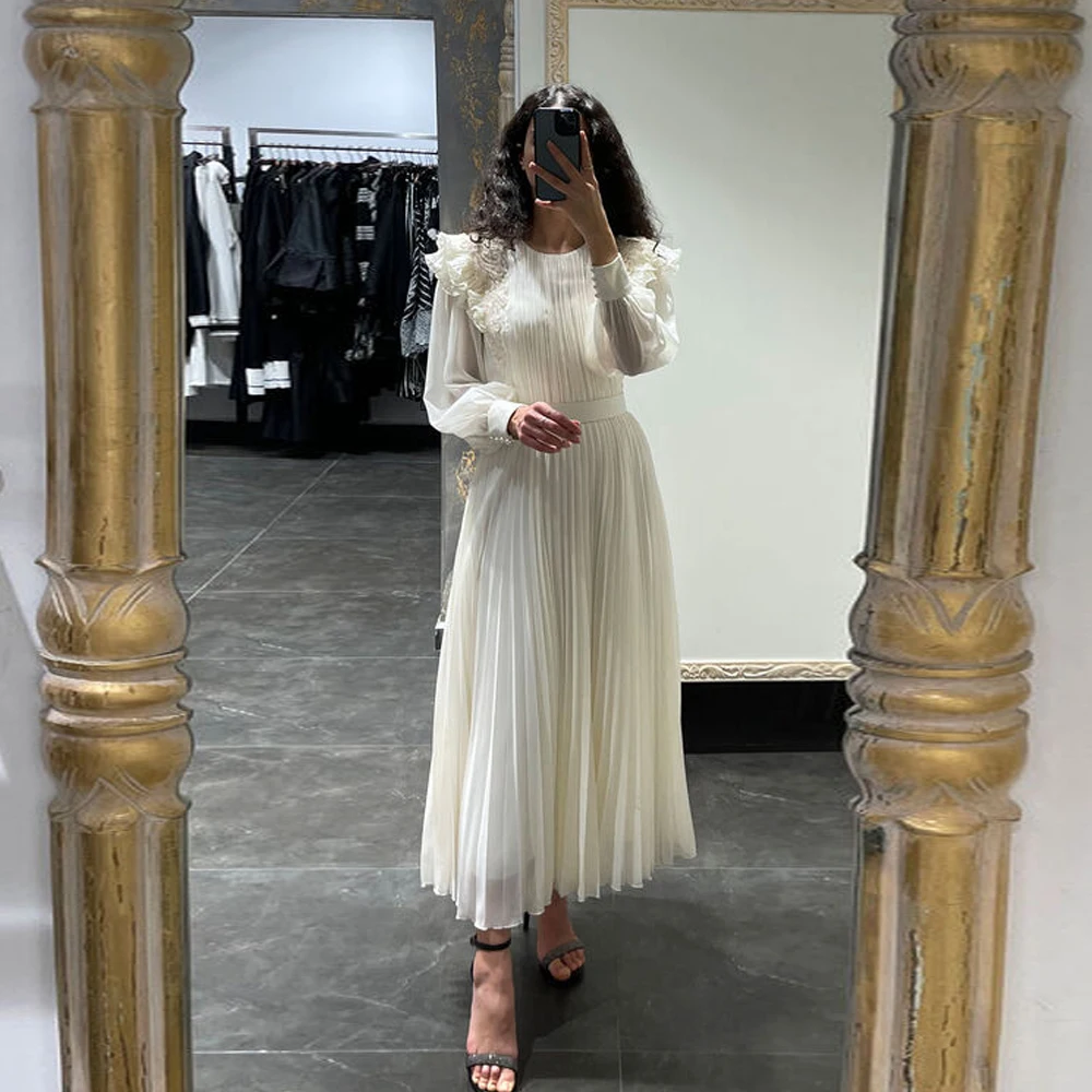 Top Trends: Elegant Ivory Mother Of The Bride Dresses O Neck Long Sleeves A-Line Wedding Party Gowns Pleat Beaded Ankle Length فساتين السهرة Shoppable Styles