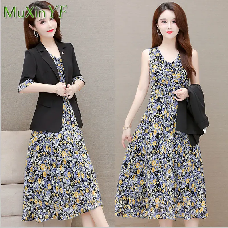 Top Trends: Women&#039;s Summer Casual Short Sleeve Suit Dress Suit 2022 New Korean Elegant Blazers Floral Chiffon Sling Dresses Two Piece Set Shoppable Styles