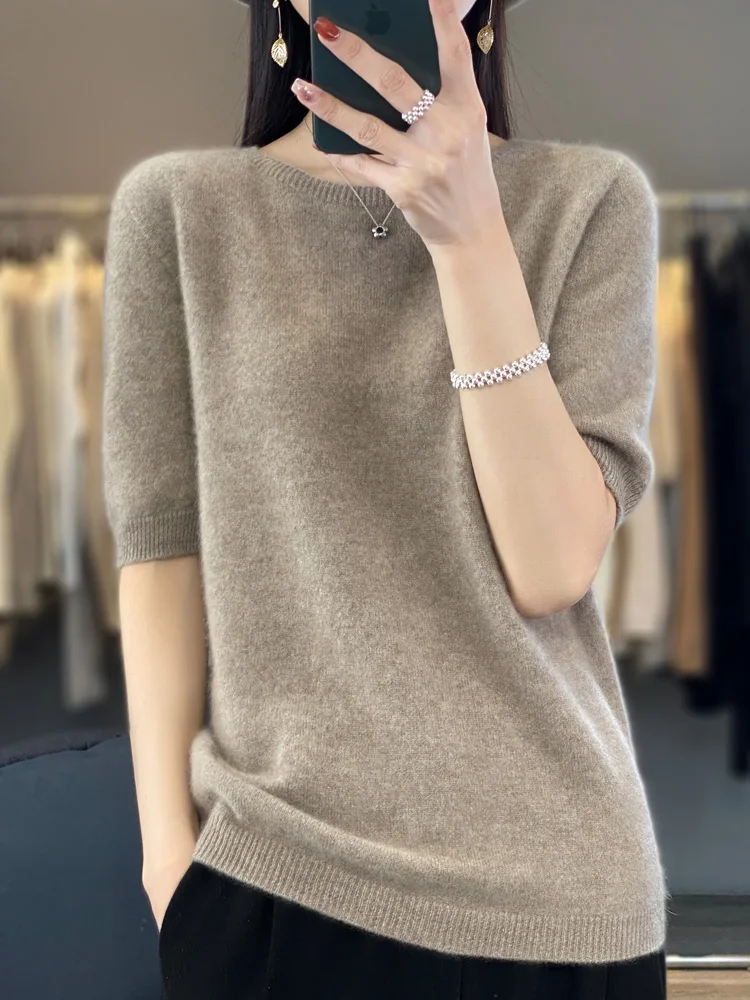 Top Trends: Half Sleeve Cashmere Women Knitted Sweaters 100% Pure Merino Wool Spring Fashion O-Neck Top Pullover Non-Connect One Line Shoppable Styles