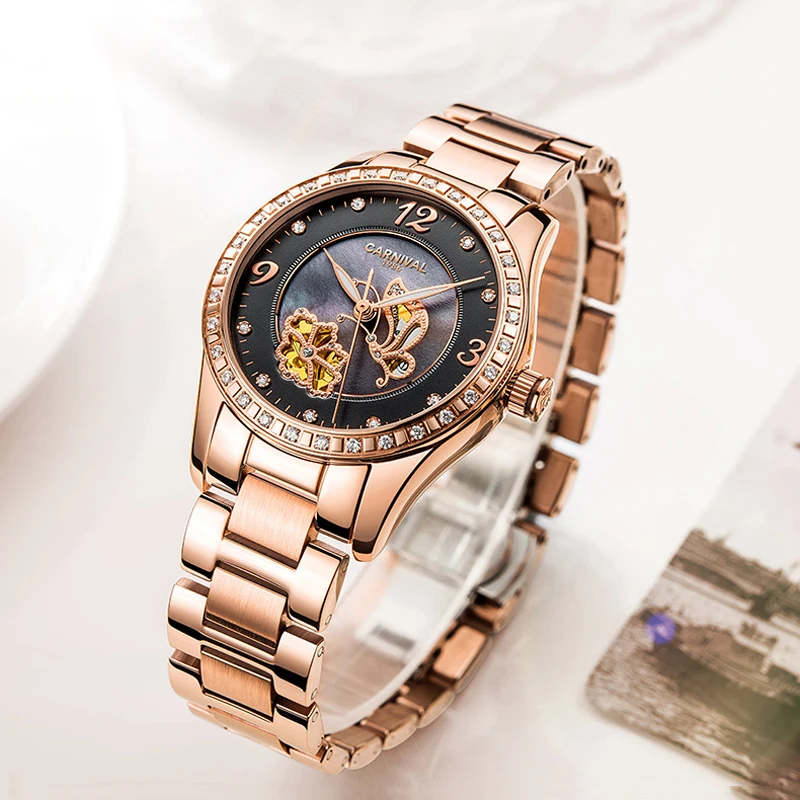 Top Trends: CARNIVAL Butterfly Pattern Automatic Mechanical Women Watch Luxury Waterproof Diamond Rose Gold Watch Relogio Feminino Ladies Shoppable Styles