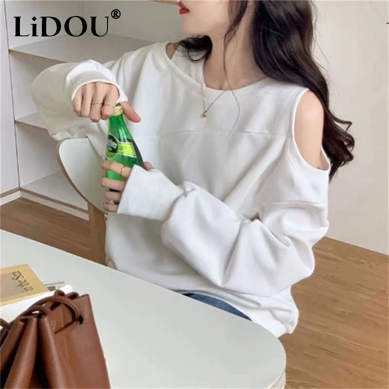 Top Trends: Spring Autumn Round Neck Off The Shoulder All-match Casual Sweatshirt Ladies Hollow Out Solid Color Top Women Oversized Pullover Shoppable Styles