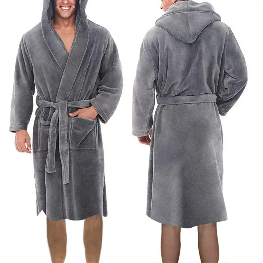 Top Trends: Long Sleeve Pocket Belt Solid Color Men Bathrobe Winter Warm Hooded Long Fleece Home Gown Sleepwear Shoppable Styles