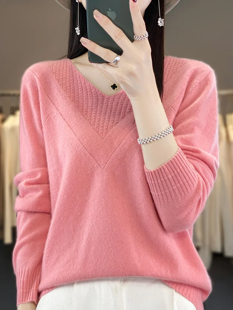 Top Trends: Long Sleeve Women Sweater Autumn Winter V-neck Pullover 100% Merino Wool Bottoming Basic Cashmere Knitwear Clothing Fashion Tops Shoppable Styles