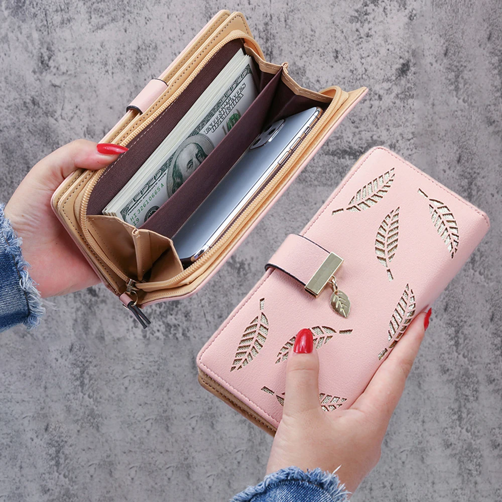 Top Trends: Women's Hollow Golden Leaf Buckle Wallet Female Long Zipper Coin Purses Ladies Multifunction Card Holder Clutch Money Bag 2022 Shoppable Styles