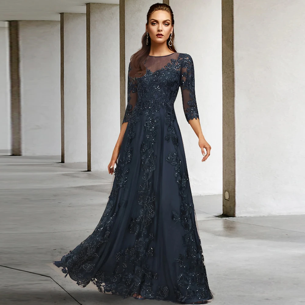 Top Trends: Glitter Navy Mother Of The Bride Dresses O Neck 3 / 4 Sleeves Wedding Party Gowns Appliques Sequined A-Line Robe De Soirée Femme Shoppable Styles