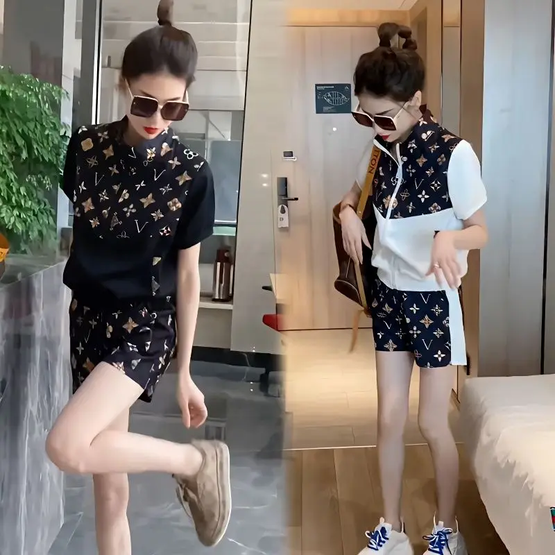 Top Trends: 2023 Summer New Fashion Short Top Shorts Suit Leisure Sports Cardigan Top Short Sleeve Stitching Printing Two-Piece Set Shoppable Styles