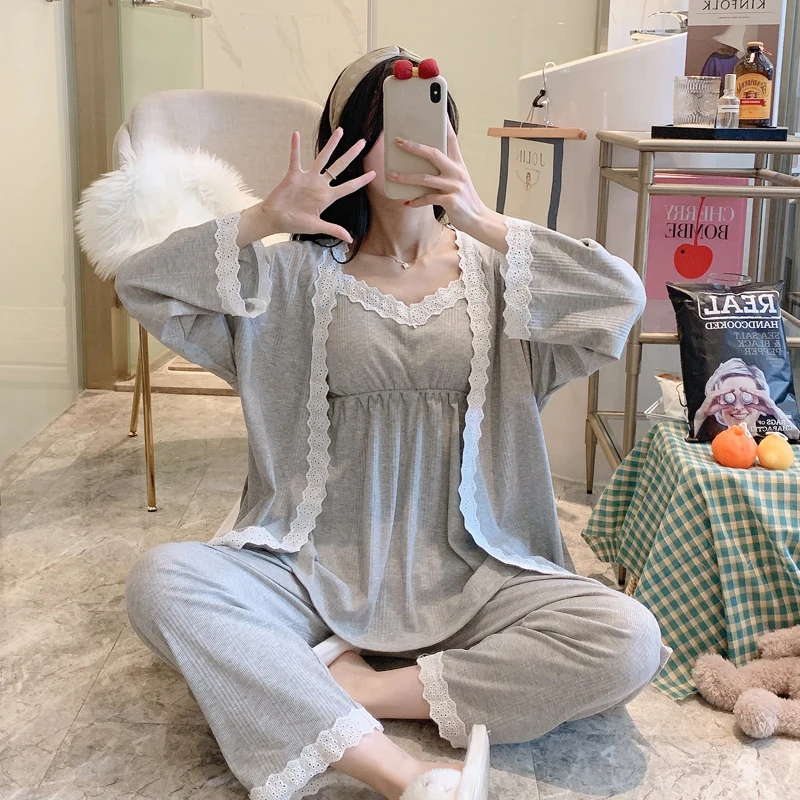 Top Trends: Lace Patchwork Cotton Maternity Nursing Sleepwear Elegant Loose Pajamas Suit For Pregnancy Women Home Sleep Lounge Wear 3PCS Set Shoppable Styles - Image 3