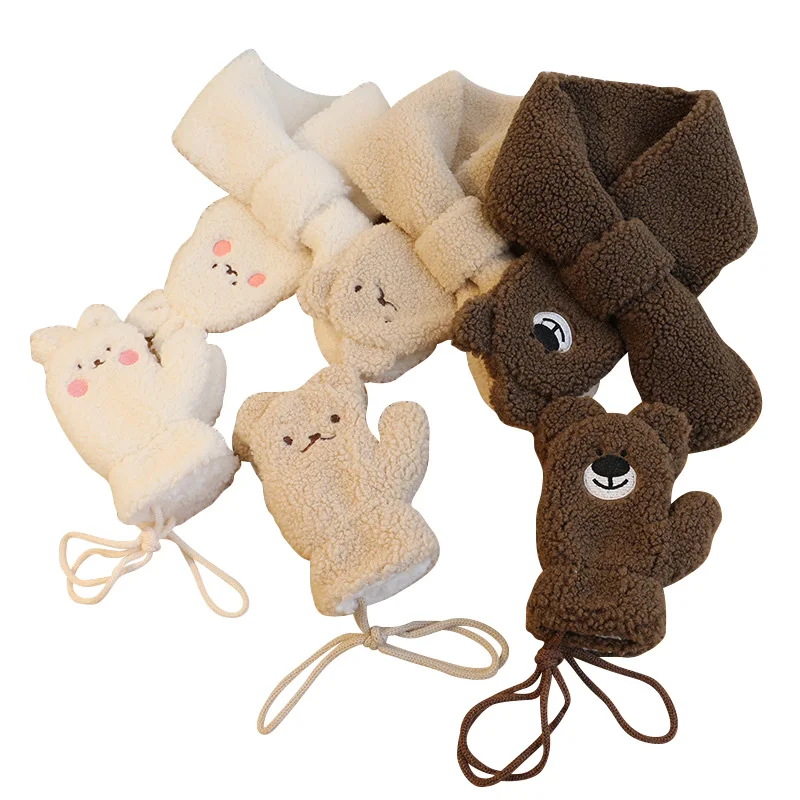 Top Trends: Autumn Winter Baby Scarf Gloves Set 2Pcs Cartoon Bear Lamb Wool Scarves Boys Girls Warm Gloves Kids Solid Color Cute Accessories Shoppable Styles