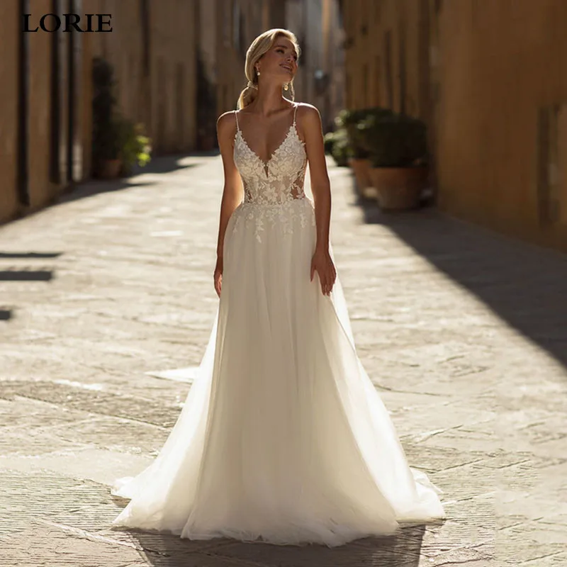 Top Trends: LORIE V Neck Boho Wedding Dresses A Line Spaghetti Strap Lace Bridal Gowns Floor Length Vintage Appliques Sleeveles Wedding Gown Shoppable Styles