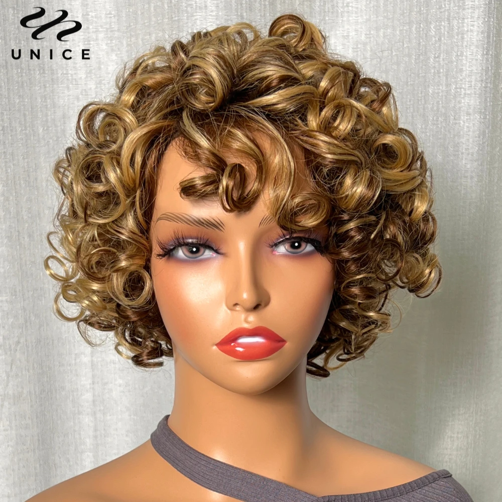 Top Trends: UNice Hair Blonde Curly Wig 100% Human Hair Bouncy Curly Wig With Bangs Open Cap Machine Wigs For Women 8Inch Short Afro Wig Shoppable Styles