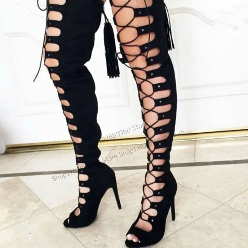 Top Trends: Cross-Tied Black Hollow Tassels Sandal Boots Over The Knee Thin High Heel Women Shoes Back Zipper Peep Toe Zapatos Para Mujere Shoppable Styles - Image 3