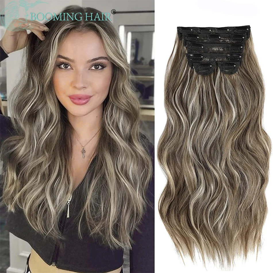 Top Trends: Wavy Clip In Hair Extensions Long Synthetic Clip In Hair Extensions 6Pcs / Set Piece Synthetic Ombre Blonde Brown Thick Hairpieces Shoppable Styles