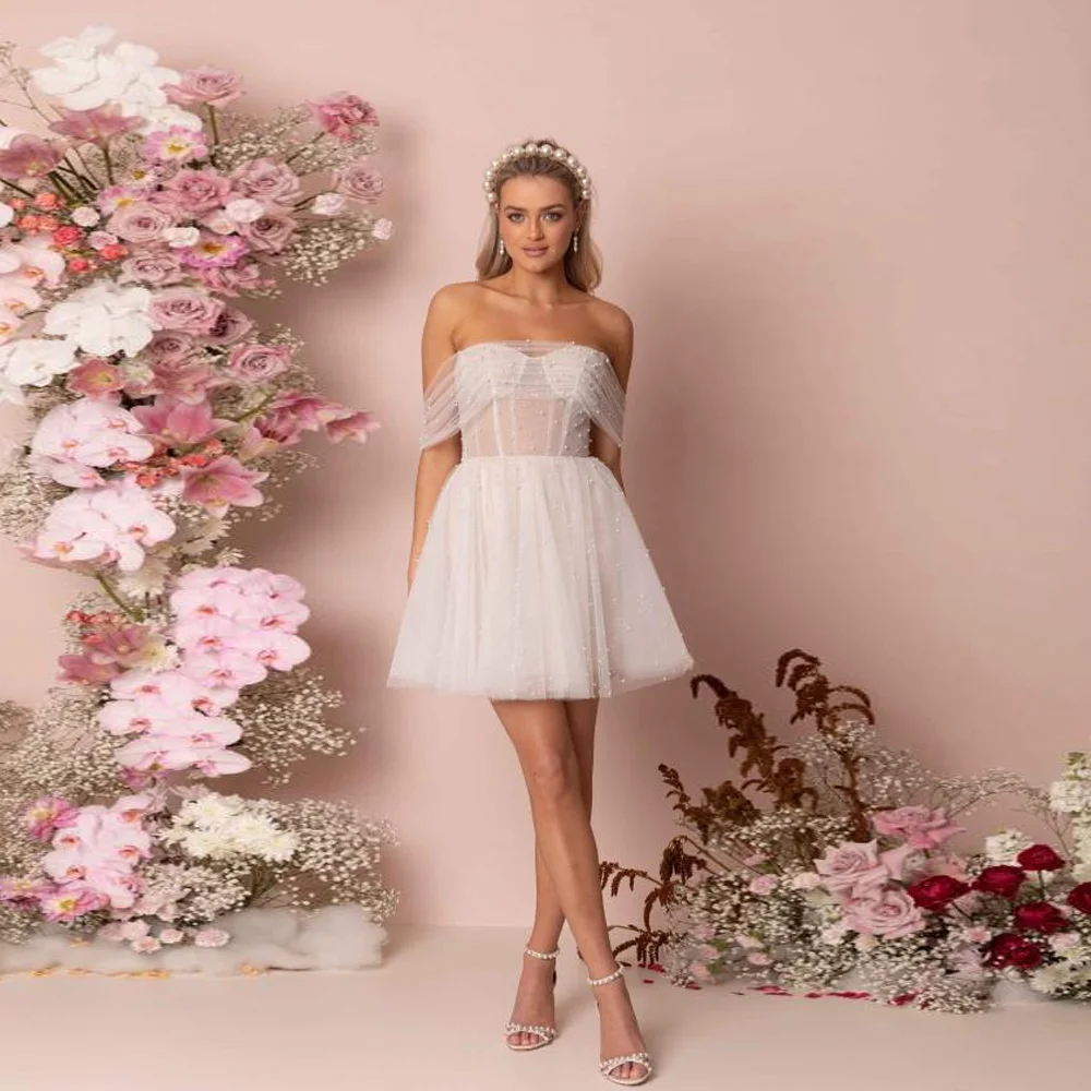 Top Trends: Ivory Short Tulle Wedding Dresses Sweetheart Neck Off The Shoulder Pearls Bridal Gowns A Line Above Knee Mini Vestidos De Novia Shoppable Styles