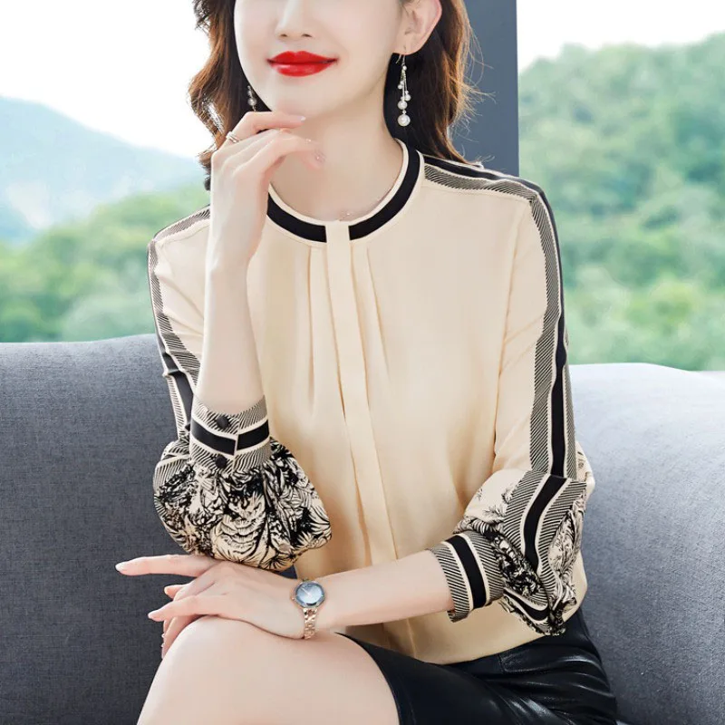 Top Trends: Stylish Stand Collar Spliced Printed Folds Chiffon Blouse Women&#039;s Clothing 2023 Spring New Casual Pullovers Loose Commute Shirt Shoppable Styles