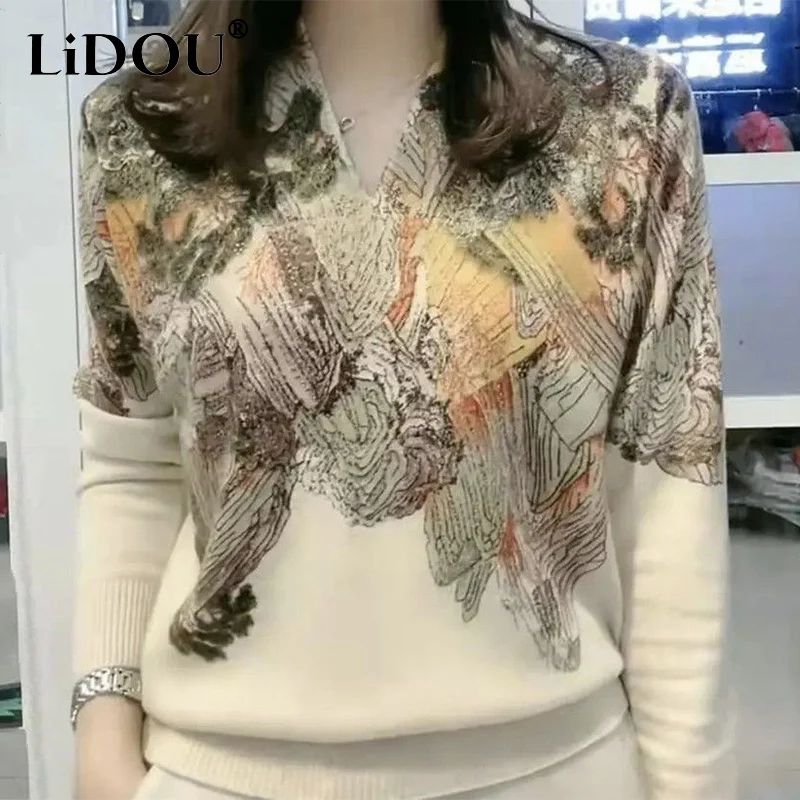 Top Trends: Autumn Winter Landscape Printing Diamonds Elegant Fashion Sweater Ladies 6XL Loose Casual All-match Pullover Top Knitting Jumper Shoppable Styles