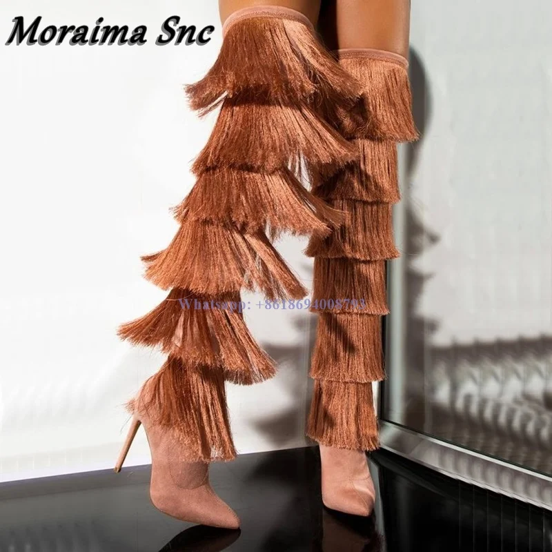 Top Trends: New Brown Boots Fringe Pointed Toe Side Zipper Stilettos High Heel Boots Over The Knee Women Boots Solid Shoes Zapatos Mujer Shoppable Styles