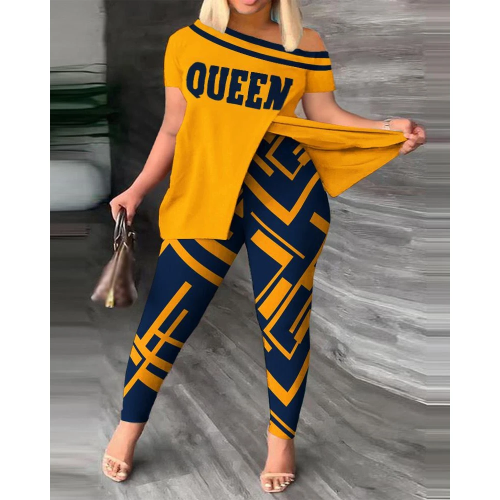 Top Trends: Women's Summer Fashion Geometric Print Short Sleeve Suit Set Femme Casual Sporty 2Pcs Set One-Shoulder Split Hem Tops &Pants Set Shoppable Styles