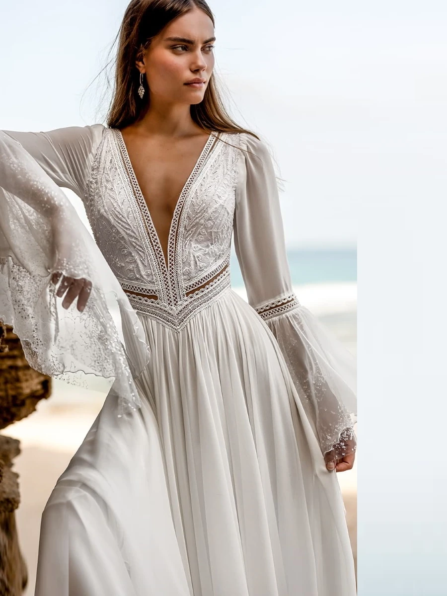 Top Trends: Qcenkeren Wedding Dress Vestido De Novia Long Flare Sleeve Deep V-Neck Bohemia Israel Embellished Bodice Boho Chapel Train 2024 Shoppable Styles - Image 4