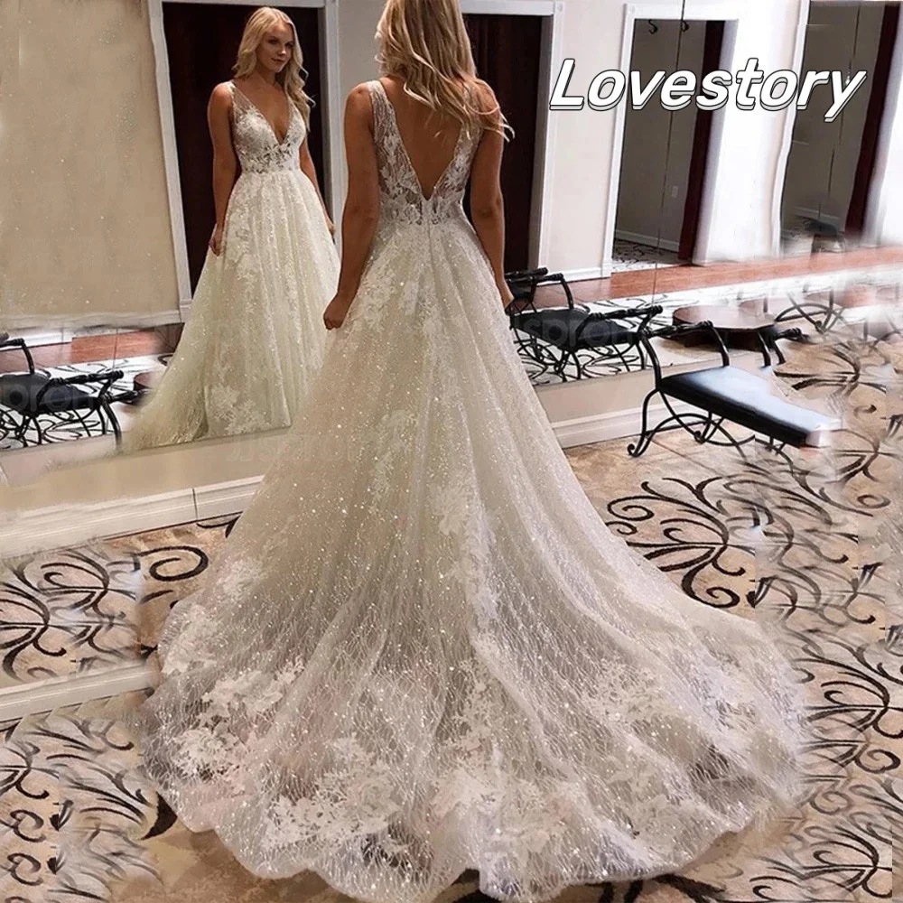 Top Trends: Ivory Lace Glitter Wedding Dresses V-Neck Shiny Bride Robe Beach Bridal Robe Boho Elegant Open Back Long Train Vestidos De Noiva Shoppable Styles