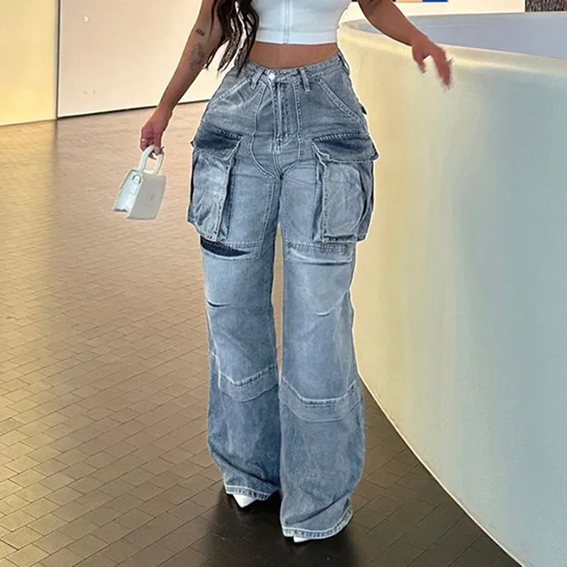 Top Trends: Streetwear Cargo Jeans Women Zipper Fly Wide Leg Pants With Big Pockets 2023 Fall Winter Activewear High Street Denim Trousers Shoppable Styles