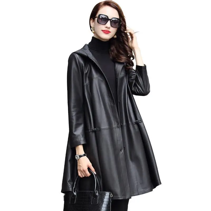 Top Trends: Women's Black Leather Jacket, Hooded Sheepskin, Loose Coat, Long Trench, Genuine Leather, Leisure, Large Size, Spring, Autumn Shoppable Styles