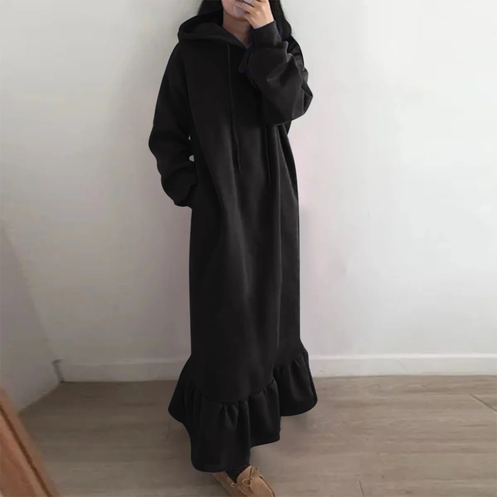 Top Trends: 2023 New Fashion Hooded Sweatshirts Dress Women Casual Solid Long Sleeve Maxi Dresses Winter Clothes Vestidos Warm Robe Femme Shoppable Styles - Image 5