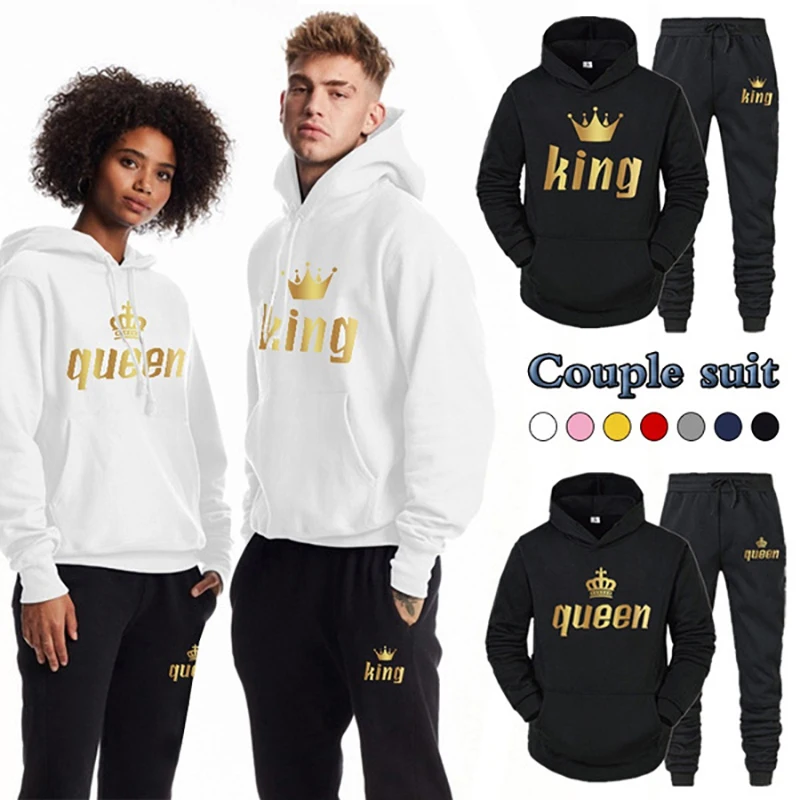 Top Trends: Men Sets Tracksuits Autumn KING Or QUEEN Printed Hoodies + Sweatpants Couple Two Piece Suit Hooded Casual Sets Male Clothes Shoppable Styles