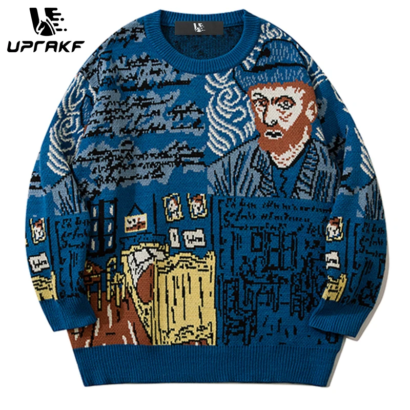 Top Trends: UPRAKF Graffiti Van Gogh Print Sweater Loose All-Match Pullover Winter Tops Lapel Knit Autumn Fashion Shoppable Styles