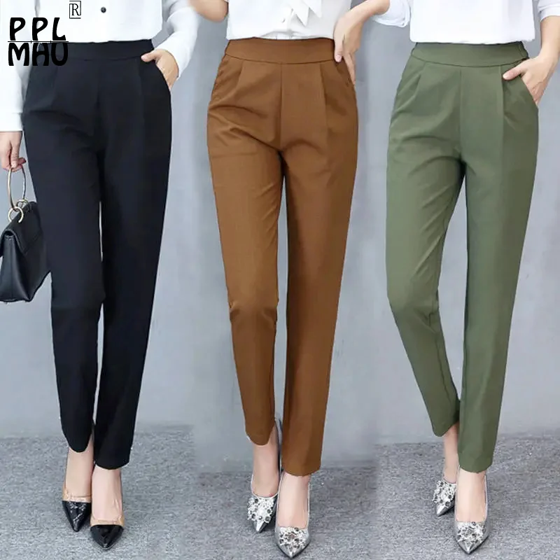 Top Trends: Summer Thin Classic Pants Women Office Work Harem Pantalones Ankle-length Casual High Waist Trousers 90-94cm Black Baggy Capris Shoppable Styles