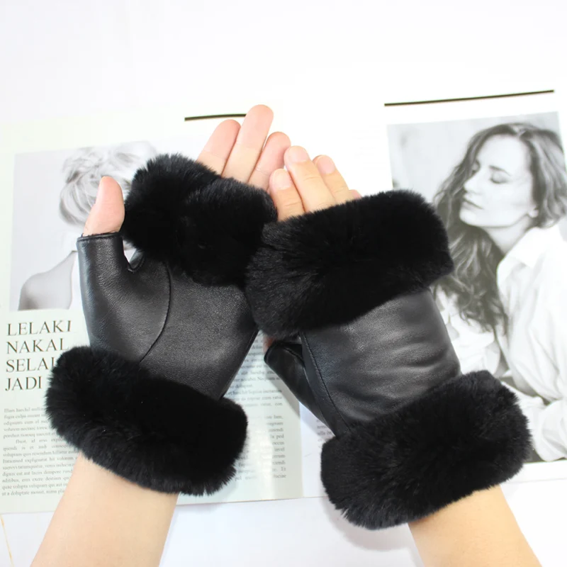 Top Trends: New High Quality Ladies Sheepskin Half Finger Gloves Autumn Genuine Leather Rabbit Fur Style Warm Fleece Lining Work Driving Glo Shoppable Styles