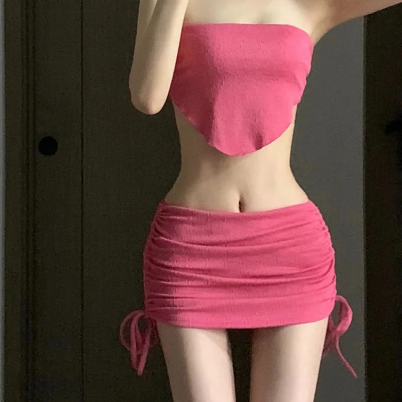 Top Trends: 2023 New Solid Color Sexy Women&#039;s Clothing Pink Gathering Shirring With Chest Pad Without Steel Support Low Waist Bikinis Set Shoppable Styles