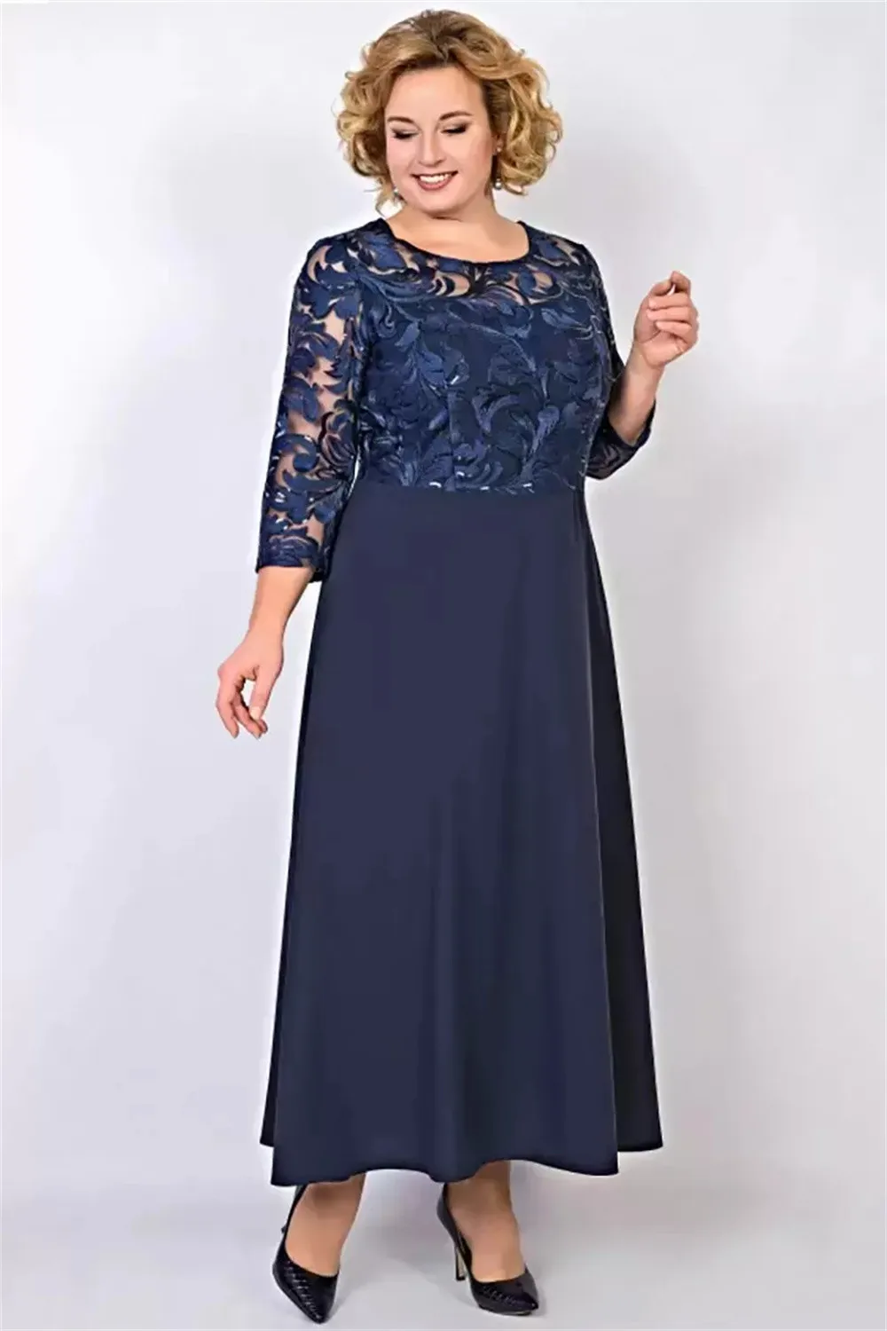 Top Trends: Navy Long Sleeves Lace Mother Of The Bride Dresses A-Line Jewel Neck Wedding Guest Dress Ankle Length Chiffon Evening Gowns Shoppable Styles