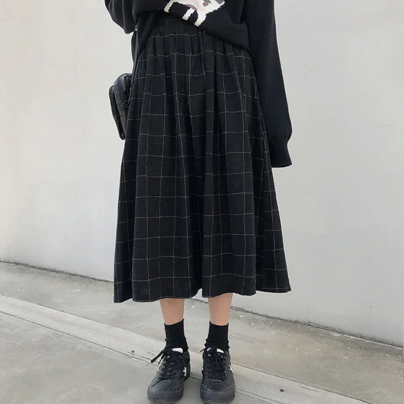 Top Trends: HOUZHOU Japanese Style Long Skirts Women 2023 Autumn Winter Plaid High Elastic Waist Loose A-line Pleated Skirt Vintage 2 Colors Shoppable Styles - Image 2