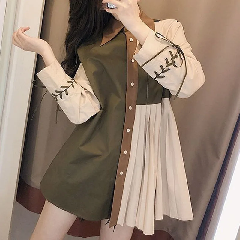 Top Trends: Korean Vintage Female Pleated Spliced Long Sleeve Shirt 2024 Stylish Spring Women&#039;s Clothing Casual Loose Button Lace Up Blouse Shoppable Styles