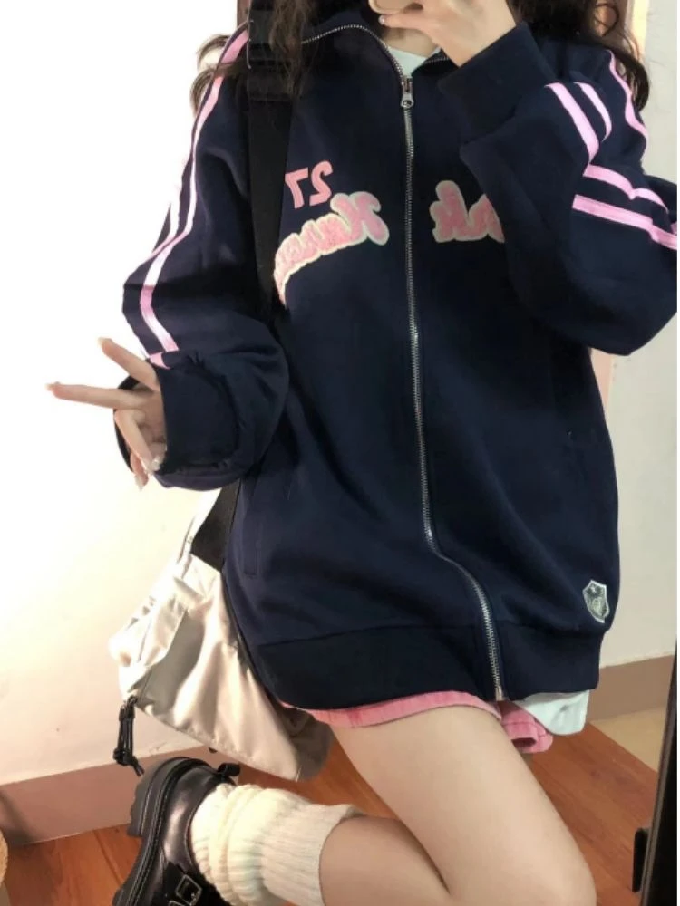 Top Trends: HOUZHOU American Retro Fashion Streetwear Hoodie Women Vintage Grunge Letter Embroidery Zipper Oversized Hooded Sweatshirt 2023 Shoppable Styles