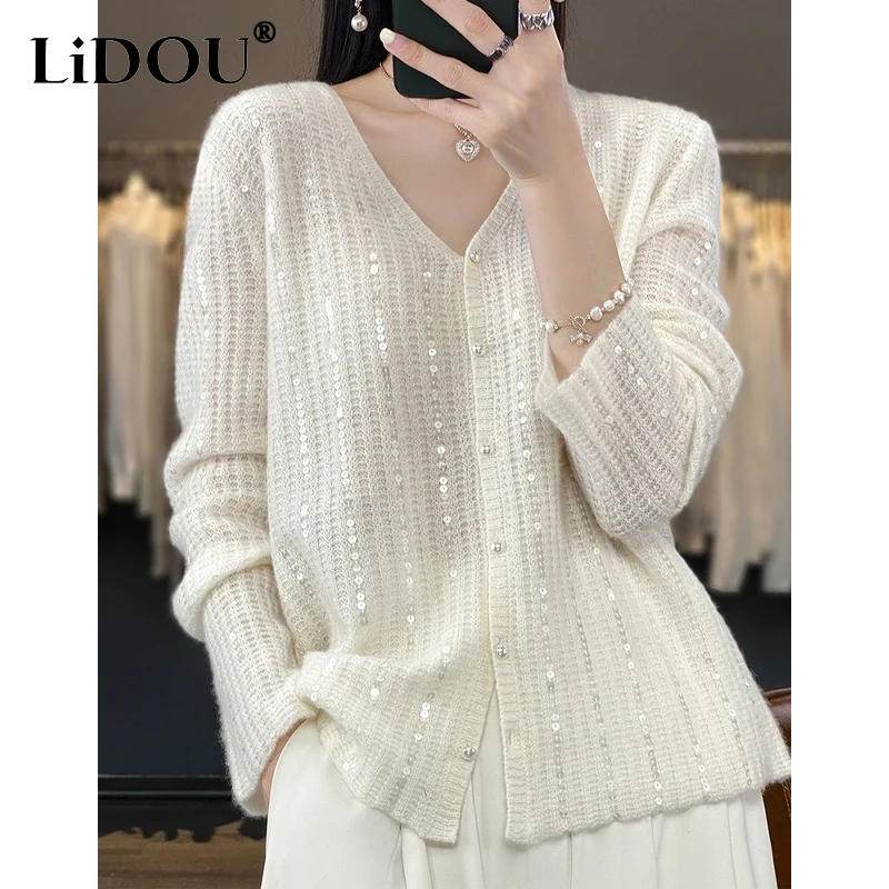 Top Trends: 2023 Spring Autumn New Solid Color Fashion V-neck Sweater Women Fashion High Street Long Sleeve Cardigan Chic Sequined Tops Shoppable Styles