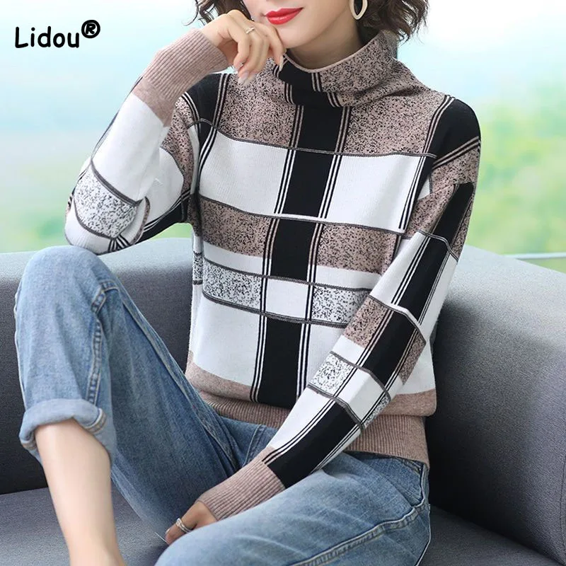 Top Trends: Fashion Simplicity Plaid Turtleneck Sweaters For Female Autumn Winter Commute Casual Long Sleeve Knitted Tops Women's Clothing Shoppable Styles