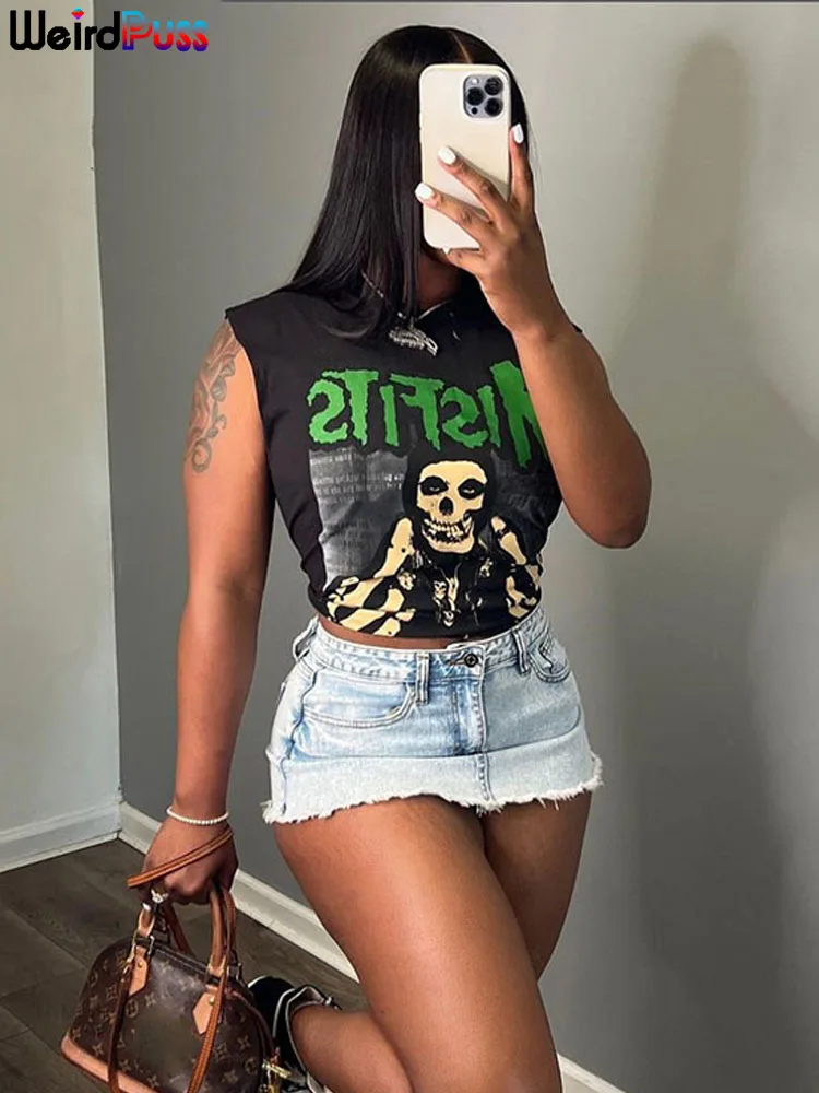 Top Trends: Weird Puss Halloween Style Women Crop Tops Skull Letter Print O Neck Sleeveless Causal Basic Vest Festival Party Y2K Streetwear Shoppable Styles