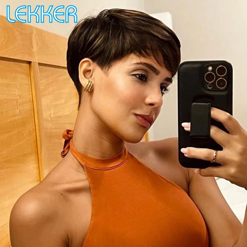 Top Trends: Lekker Highlight Gold Blonde Pixie Short Bob Human Hair Wigs For Women Brazilian Remy Natural Hair Wear And Go Colored 6“ Wigs Shoppable Styles