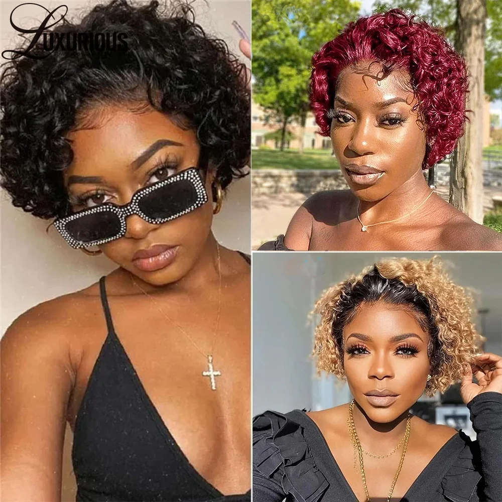 Top Trends: 13x1 99J Colored Transparent Lace Wigs Pixie Cut Brazilian Water Wave Bob Wig Human Hair Short Curly Lace Frontal Wigs For Women Shoppable Styles